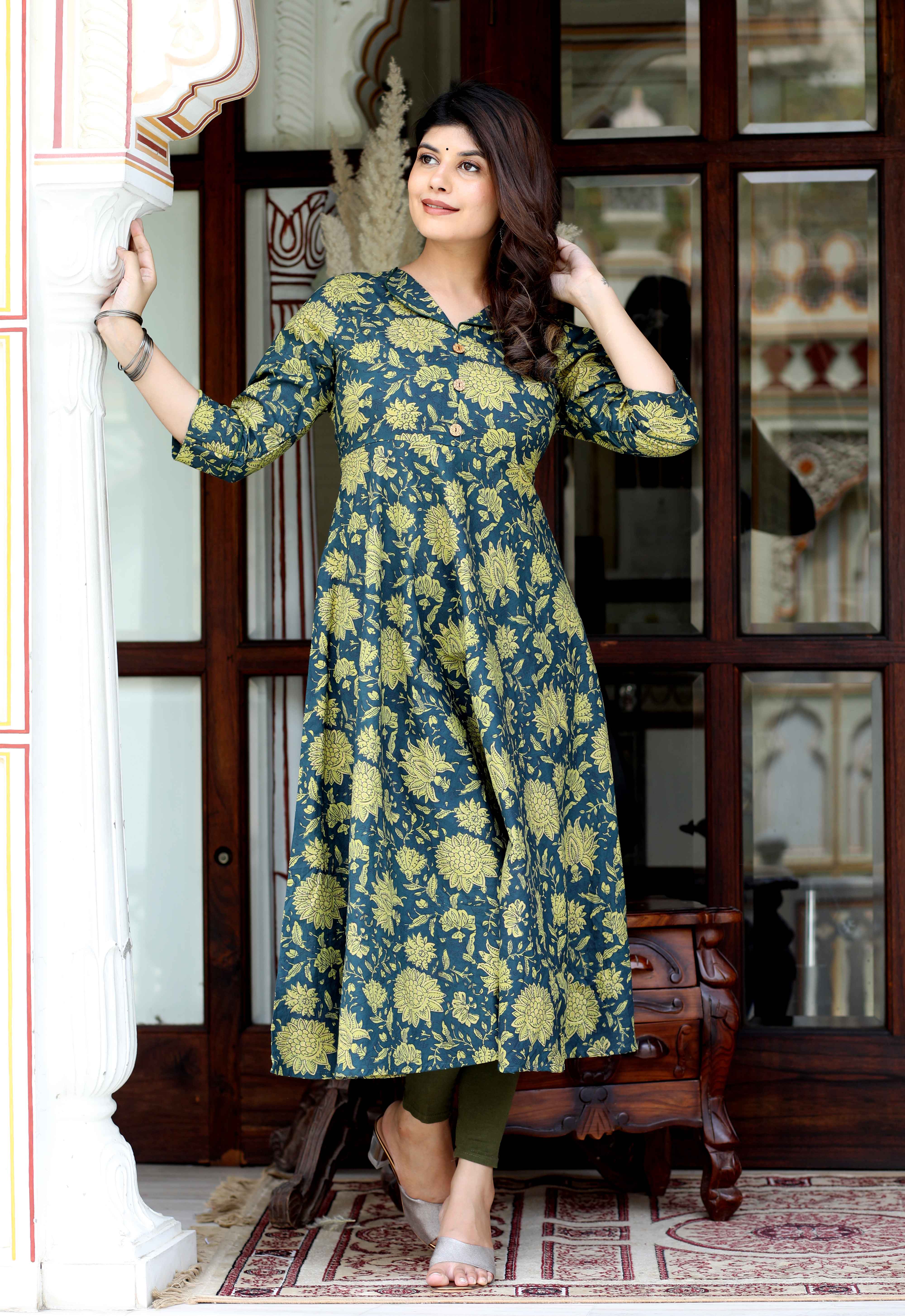 Green Cotton Shirt Collar Floral Printed Anarkali Kurta